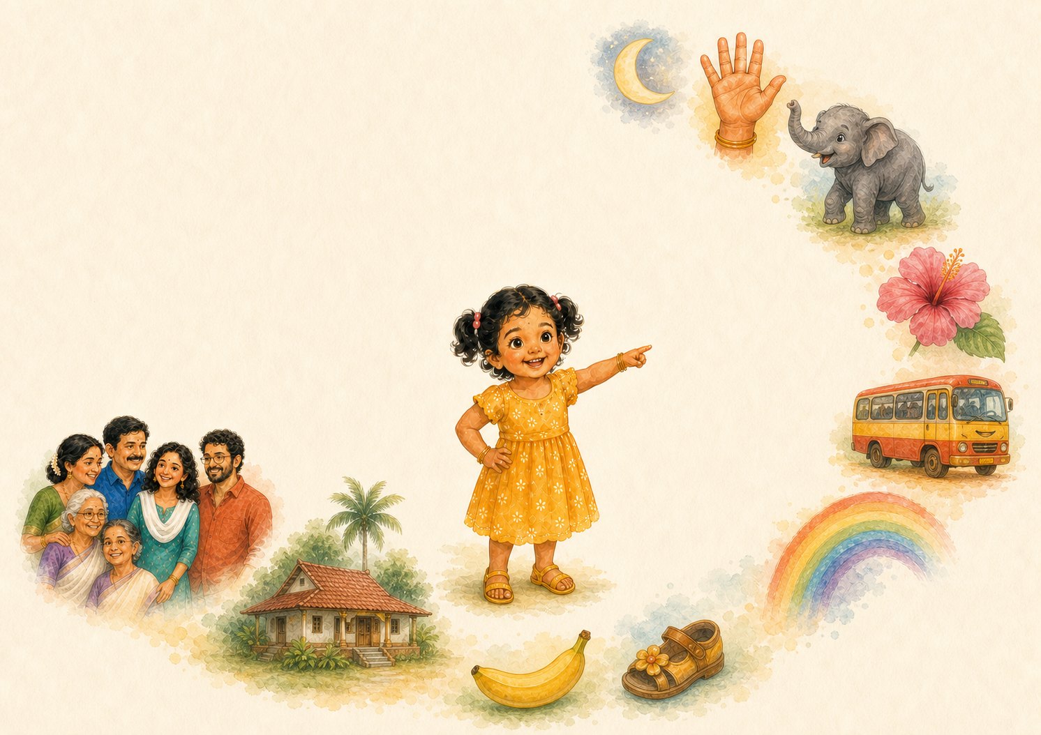 Watercolour cover art from the Malayalam first-words book