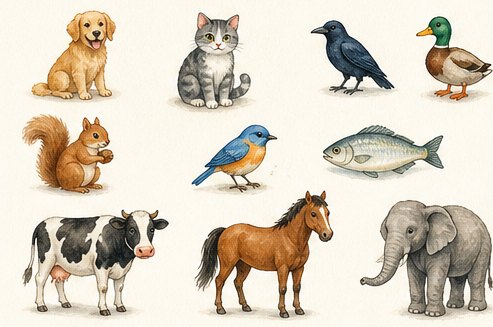Watercolour animals illustrations from the first-words book, labelled in Malayalam and English letters.