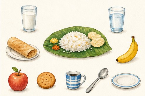Watercolour food illustrations from the first-words book, labelled in Malayalam and English letters.