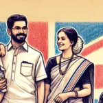 Illustration of a traditional Malayalee family in a UK civic setting, participating in elections, wearing traditional South Indian attire