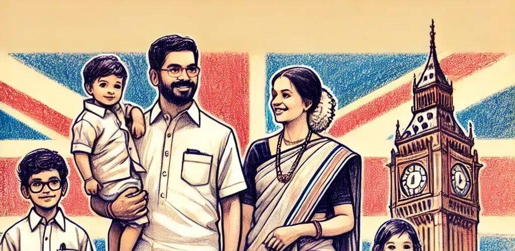 Illustration of a traditional Malayalee family in a UK civic setting, participating in elections, wearing traditional South Indian attire