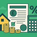 llustration of a house, coins, a document with a pound sign, and a calculator representing UK Council Tax in a simplified visual style.
