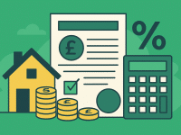 llustration of a house, coins, a document with a pound sign, and a calculator representing UK Council Tax in a simplified visual style.