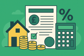 llustration of a house, coins, a document with a pound sign, and a calculator representing UK Council Tax in a simplified visual style.