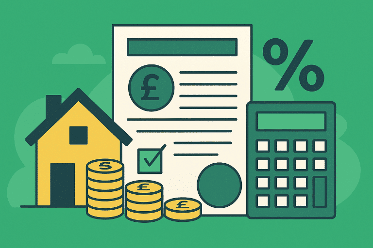 llustration of a house, coins, a document with a pound sign, and a calculator representing UK Council Tax in a simplified visual style.