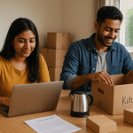 South Indian couple unpacking boxes and setting up utilities in their new UK home, with council tax paperwork visible on the table