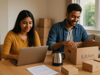 South Indian couple unpacking boxes and setting up utilities in their new UK home, with council tax paperwork visible on the table