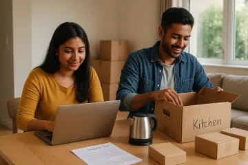 South Indian couple unpacking boxes and setting up utilities in their new UK home, with council tax paperwork visible on the table