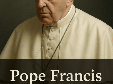 Portrait of Pope Francis in solemn expression with the text “Pope Francis 1936–2025” displayed below.