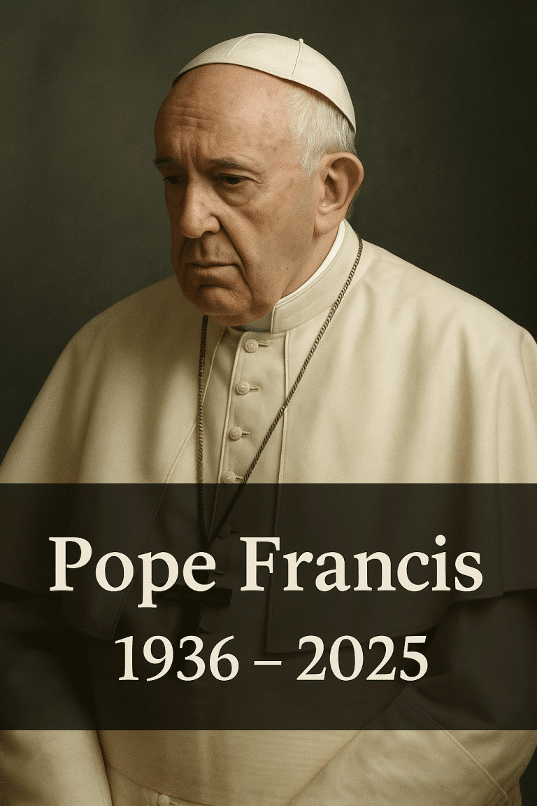 Portrait of Pope Francis in solemn expression with the text “Pope Francis 1936–2025” displayed below.