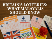 A variety of UK lottery tickets including EuroMillions, National Lottery, and People’s Postcode Lottery laid out on a wooden surface with British currency and a pen