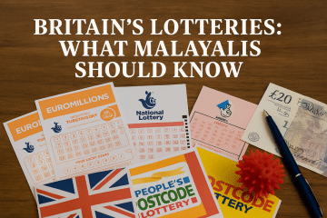 A variety of UK lottery tickets including EuroMillions, National Lottery, and People’s Postcode Lottery laid out on a wooden surface with British currency and a pen