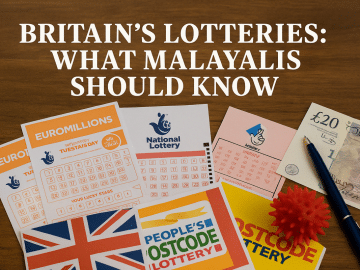 A variety of UK lottery tickets including EuroMillions, National Lottery, and People’s Postcode Lottery laid out on a wooden surface with British currency and a pen