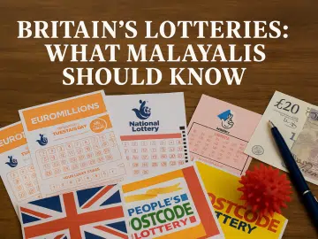 A variety of UK lottery tickets including EuroMillions, National Lottery, and People’s Postcode Lottery laid out on a wooden surface with British currency and a pen