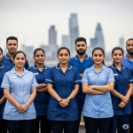 UK care workers from diverse backgrounds including Malayalee diaspora, facing new visa regulations, with London skyline. #UKVisa #CareWorker #Malayalam #Immigration