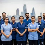 UK care workers from diverse backgrounds including Malayalee diaspora, facing new visa regulations, with London skyline. #UKVisa #CareWorker #Malayalam #Immigration