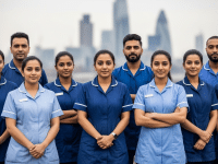 UK care workers from diverse backgrounds including Malayalee diaspora, facing new visa regulations, with London skyline. #UKVisa #CareWorker #Malayalam #Immigration
